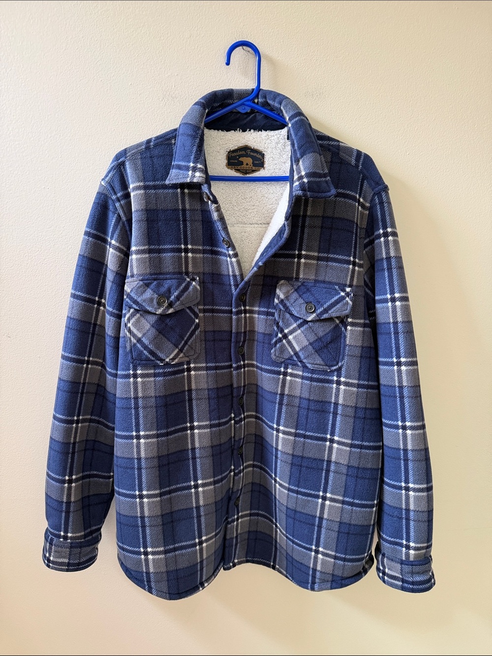 Freedom Foundry Men's Blue Plaid Lightweight Sherpa Lined Shirt Jacket, Sz L